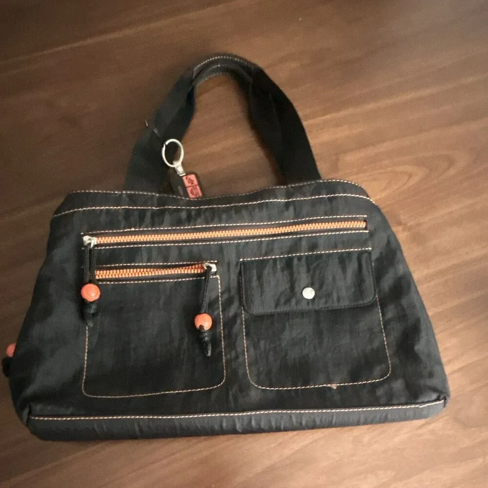 Nine West Black Satchel Top Handle Bag Orange Lining Zip Snap New with Tag